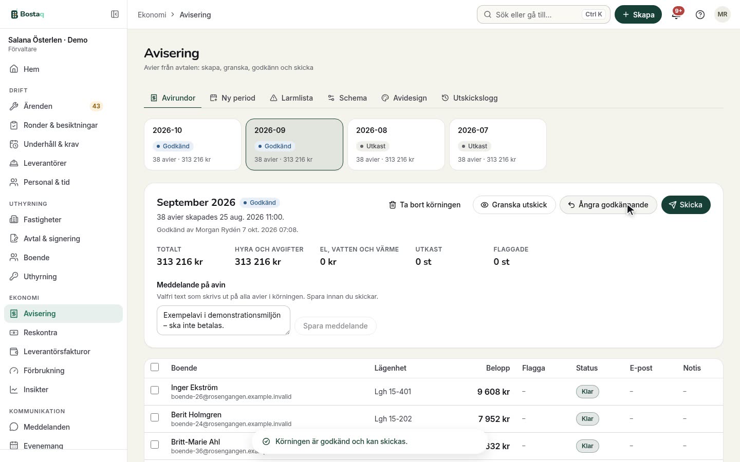 Rent notices as a draft, approved, then sent